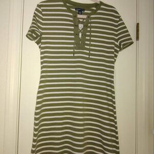 AMERICAN LIVING STRIPE T SHIRT DRESS WITH LACE UP FRONT NECK SIZE LARGE